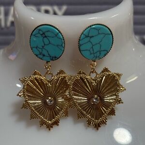 C&C California Faux Turquoise and Gold Tone Heart Earrings